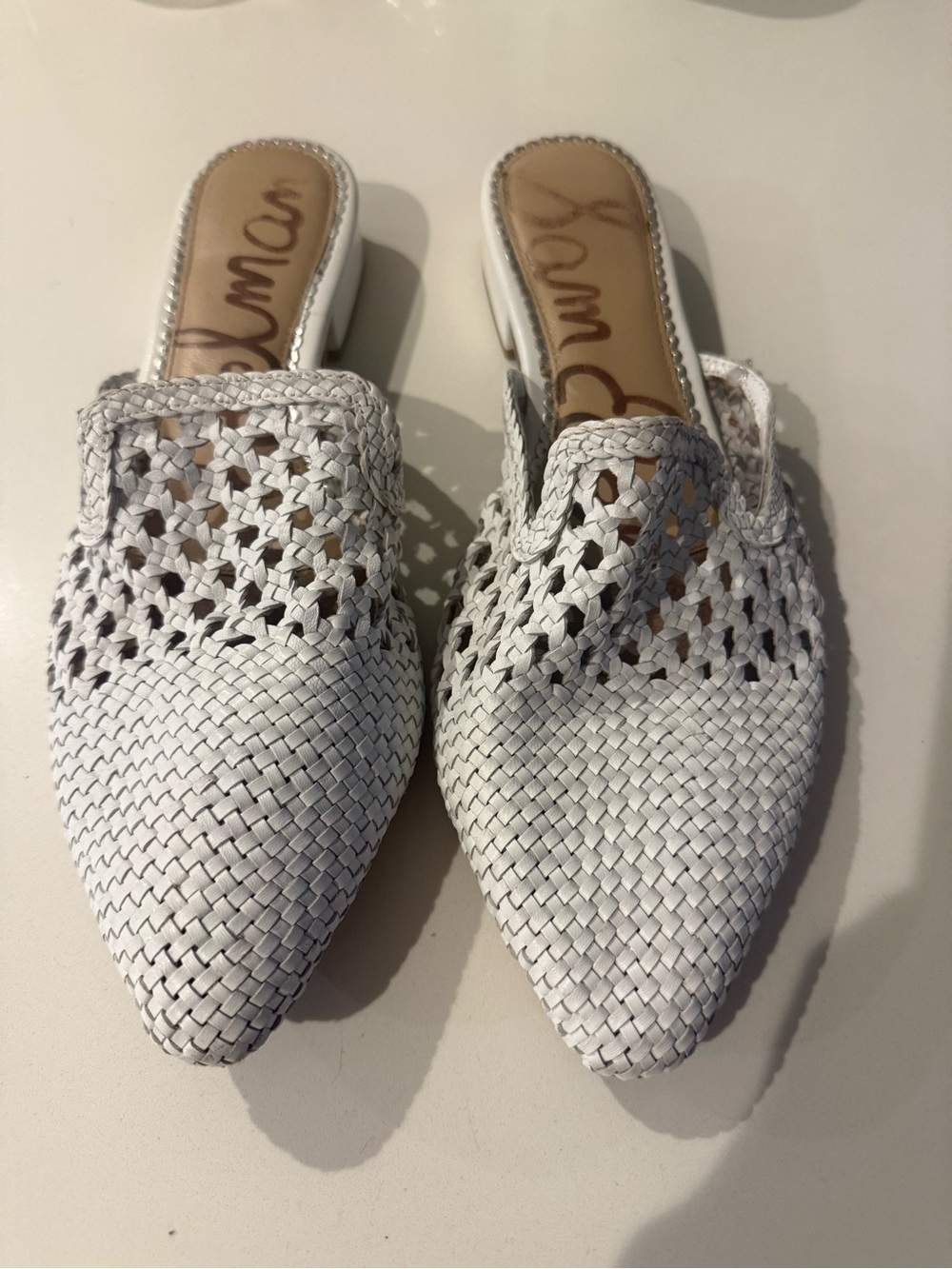 Sam Edelman White Woven Pointed Slip-On Mules